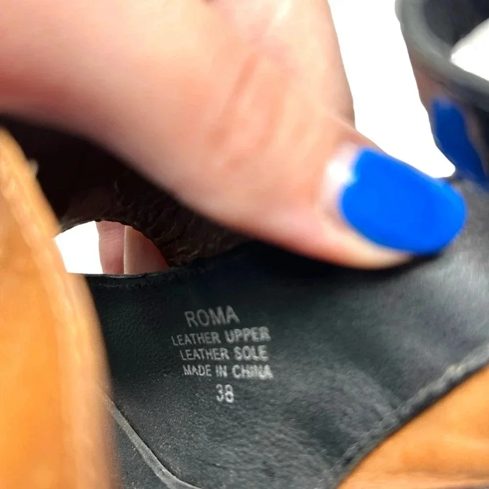 ASH Roma Platform Wedge Heel Sandals Black‎ Patent Cognac Leather Size 38 US 7